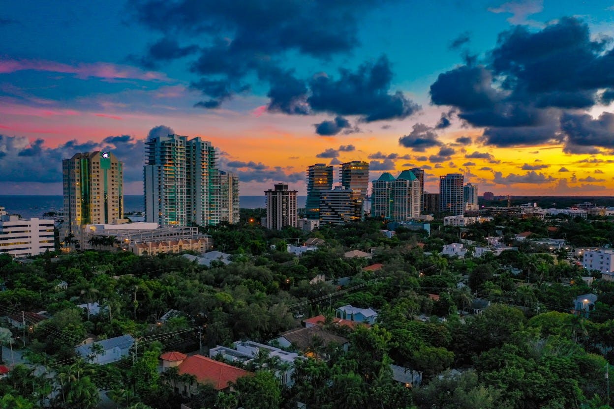 Coconut Grove skyline with high rises and palm trees during sunset. 